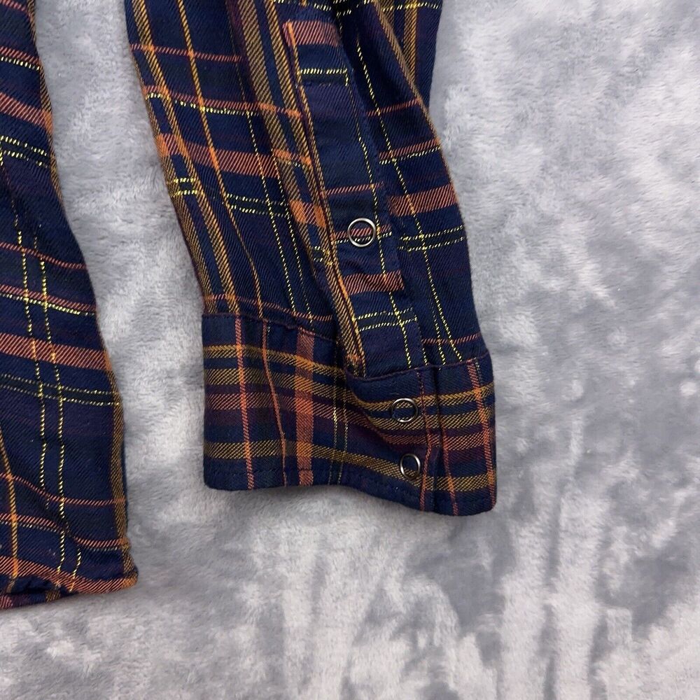 Express Shirt Women's Size L Blue Metallic Western Plaid Studded Boyfriend Snap - Picture 6 of 10